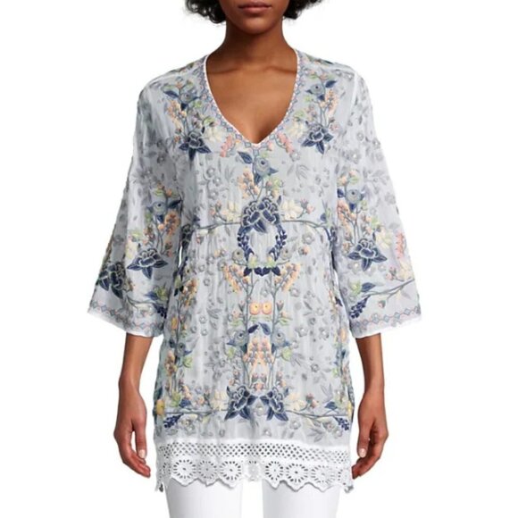 Johnny Was 'Azalia' Floral-Embroidered Tunic Top, Blue/White Multicolor - Picture 2 of 4